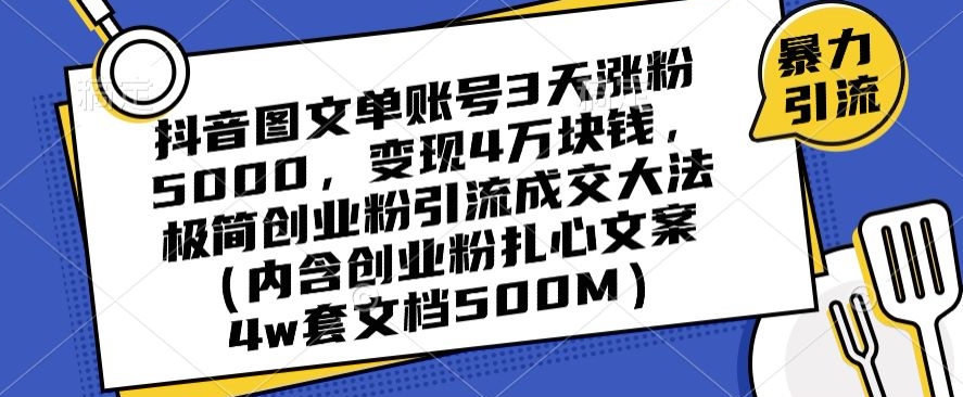 抖音图文单账号3天涨粉5000，变现4万块钱，极简创业粉引流成交大法插图