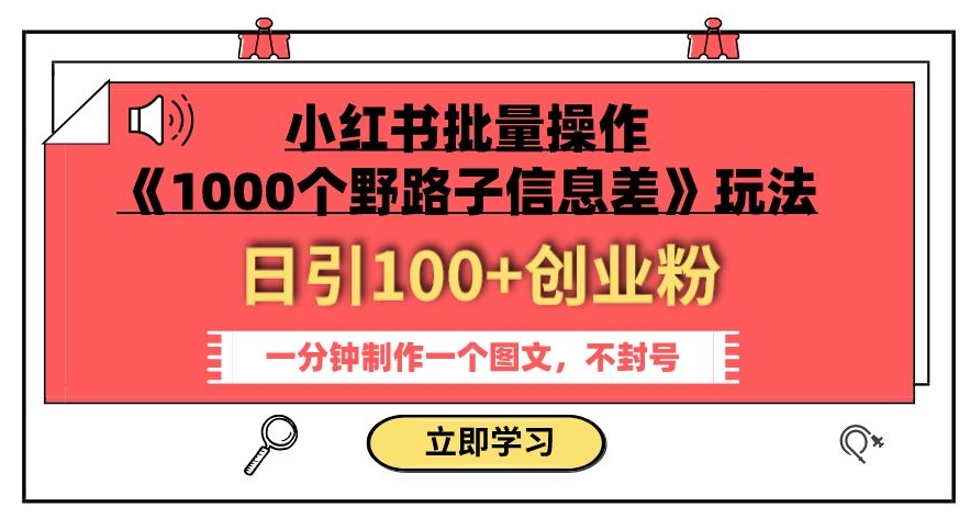 小红书批量操作《1000个野路子信息差》玩法，一分钟制作一个图文，不封号，日引100+创业粉插图