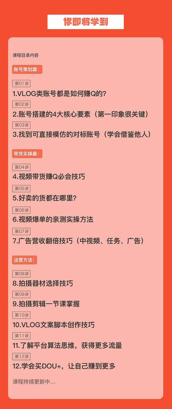 （8807期）新手VLOG短视频特训营：学会带货、好物、直播、中视频、赚Q方法（16节课）插图1